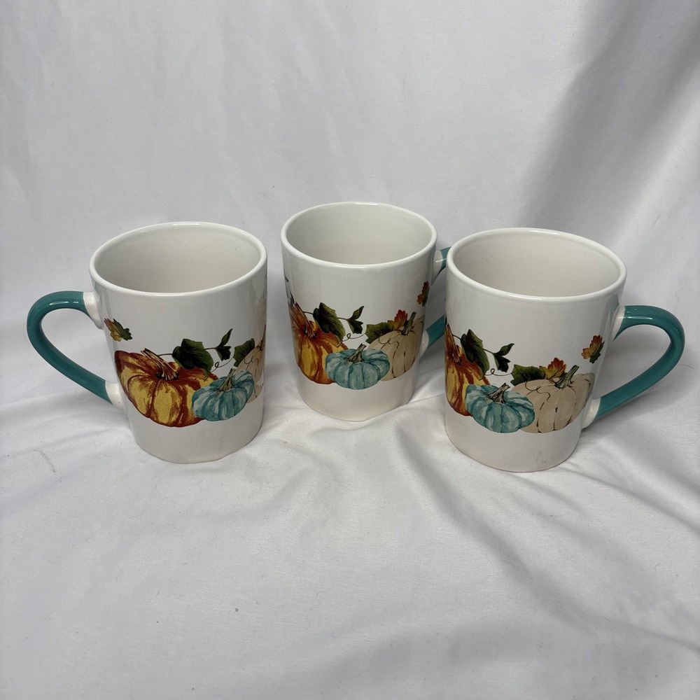 Set Of 3‎ Royal Norfolk Coffee Mugs Tea Cup Pumpkin Teal Handle Stoneware